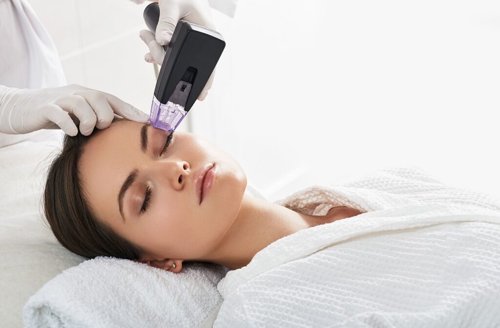 A person lies back on a treatment bed while a dermatologist uses a radiofrequency machine to tighten their eyelid skin.